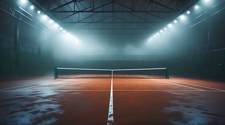 Empty tennis court with spotlights at night. 3D Renderingの素材