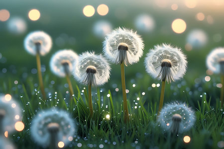 Dandelion flowers in the meadow with bokeh lightsの素材