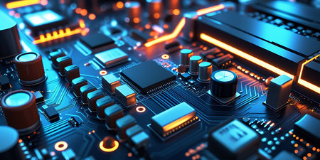 Circuit board close-up. 3d rendering, 3d illustration.の素材
