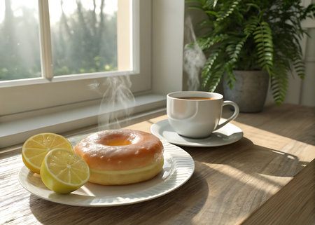 Cup of hot coffee and donut on wooden table near windowの素材