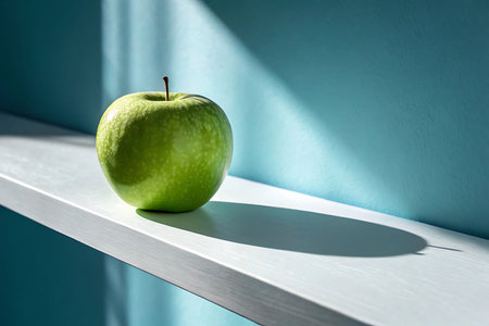 Green apple on white shelf against turquoise wall with shadow and sunlightの素材