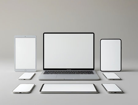 Laptop, smartphone and tablet pc on gray background. 3d rendering.の素材