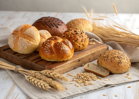 Variety of bread buns and rolls on white wooden table.の素材