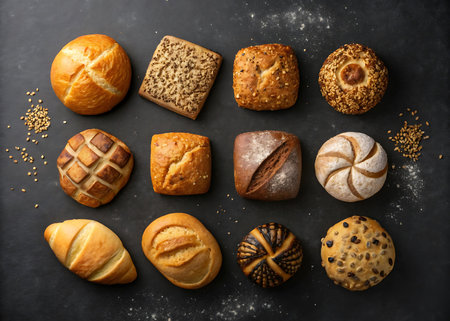 Assortment of baked bread on black background. Top view, flat layの素材