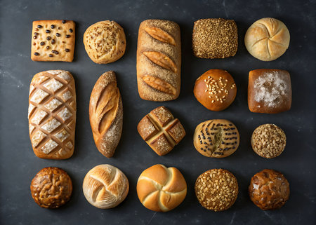 Variety of bread and buns on dark background. Top viewの素材