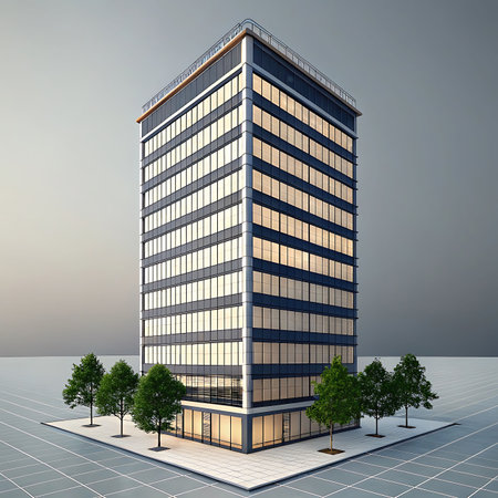 Modern skyscraper with trees on the ground. 3D rendering.の素材