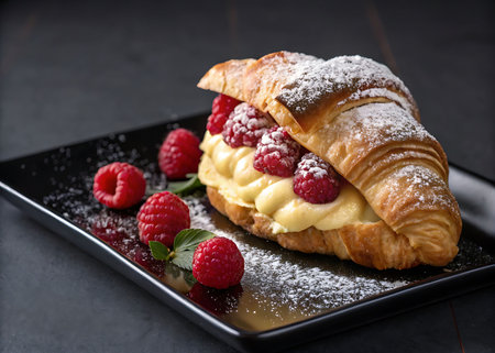 French croissant with raspberries and mint on a black plateの素材