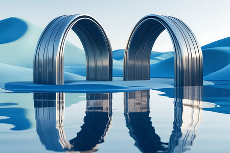 3d render of arch in blue water with reflection on surface.の素材