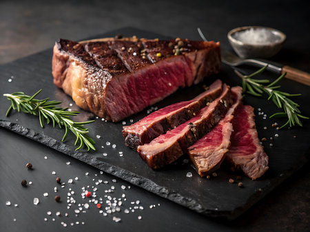 Grilled beef steak with spices and rosemary on a black backgroundの素材