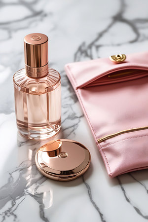 Elegant Beauty Essentials on Marble â Perfume, Compact Mirror, and Soft Pouchの素材