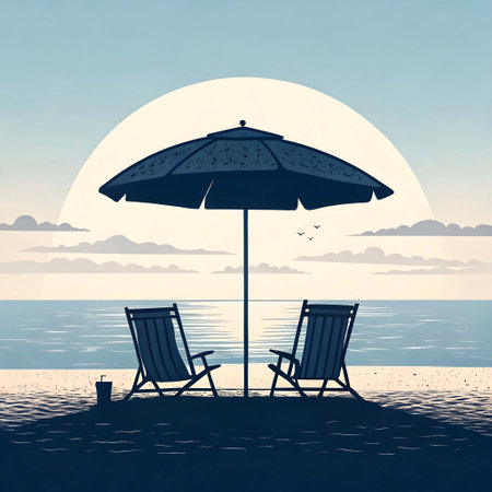 Illustration of beach umbrella and two sun loungers on the seashoreの素材