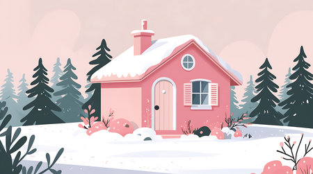 Cozy Pink Cottage in Snowy Winter Forest â Serene Seasonal Landscape Illustrationの素材