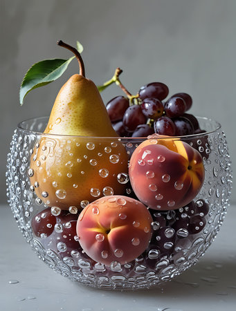 Elegant Glass Bowl Filled with Fresh Fruits â Pear, Grapes, Peaches, and Strawberry with Water Dropletsの素材