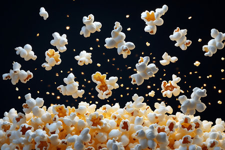 Dynamic Popcorn Explosion with Fluffy Kernels in Motion - Premium Food Stock Imageの素材