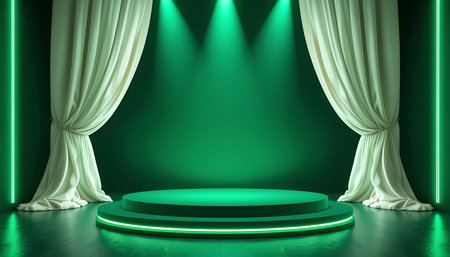 Elegant Green Stage with Spotlight and Draped Curtains - Perfect for Performances, Presentations, and Eventsの素材