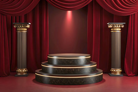 Elegant Stage with Red Curtains and Dramatic Lighting â Perfect for Theater and Performance Backgroundsの素材