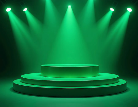 Elegant Podium with Spotlight on Green Background â Perfect for Presentations, Awards, and Product Displaysの素材