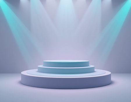 Blue podium in blue room with spotlights. 3D rendering.の素材