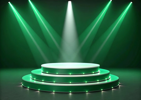 Elegant Podium with Spotlight on Green Background â Perfect for Presentations, Awards, and Product Displaysの素材