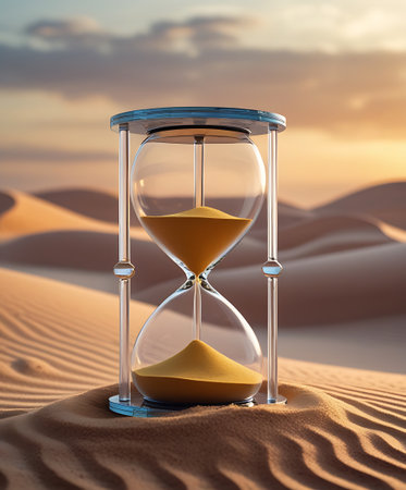 Elegant Hourglass with Flowing Golden Sand in a Serene Desert Landscape â Time and Nature Conceptの素材