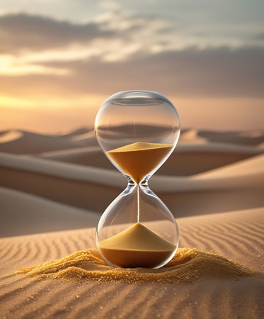 Elegant Hourglass with Flowing Golden Sand in a Serene Desert Landscape â Time and Nature Conceptの素材