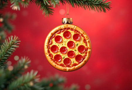 Festive Pepperoni Pizza Christmas Ornament on Red Backgroundの素材