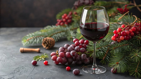 Festive Holiday Setting with Wine Glass, Grapes, and Pine Decorationsの素材