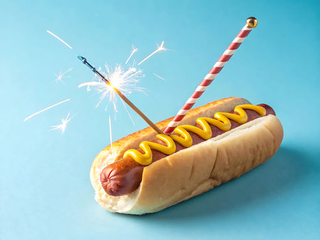Hot dog with a straw and a sparkler on a blue backgroundの素材