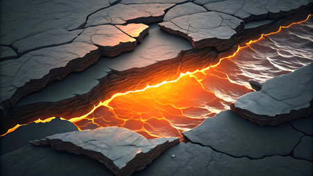 3d illustration of cracked earth background with sun rays shining through cracksの素材
