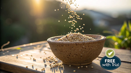 Healthy lifestyle concept. Close-up of a bowl of buckwheat on a wooden table with blurred backgroundの素材