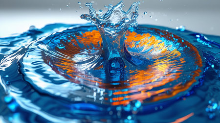 Falling drops of water. Splash effect after collision a falling drops with water Surfaceの素材