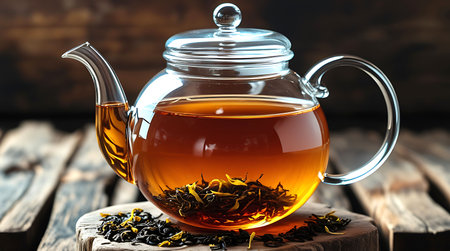 Glass Teapot with Herbal Tea on Wooden Table â Warm Cozy Atmosphereの素材