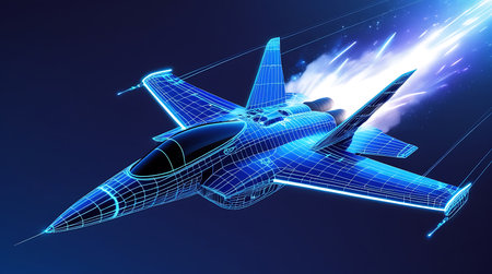Futuristic Digital Aircraft Flying Through a High-Tech Skyの素材