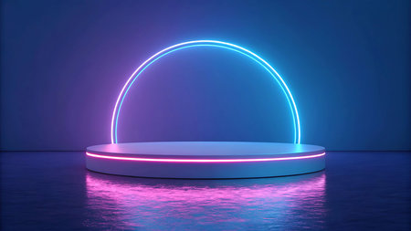 Futuristic Neon Podium with Spotlight on Dark Blue Backgroundの素材