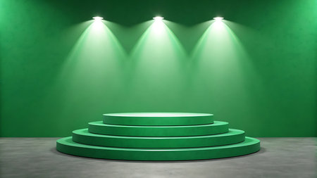 Green Spotlight Stage â Illuminated Podium with Modern Lighting and Minimalist Designの素材