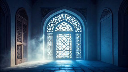 Islamic Architecture â Ornate Mosque Interior with Intricate Geometric Patterns &amp; Sunlight Raysの素材