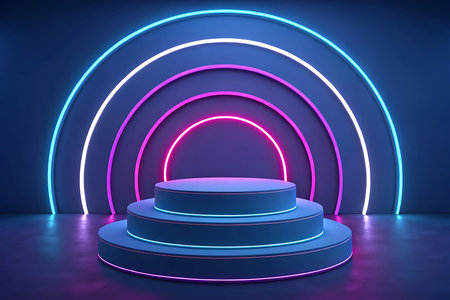 Futuristic Neon Podium with Glowing Arches and Vibrant Lightsの素材