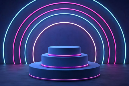 Futuristic Neon Podium with Glowing Arches and Vibrant Lightsの素材