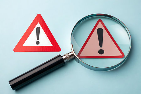 Magnifying Glass Inspecting Warning Sign â Risk Analysis Conceptの素材