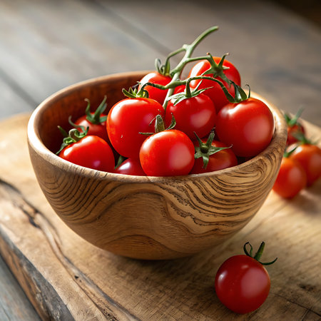 Fresh Cherry Tomatoes in a Rustic Wooden Bowl â Organic Healthy Food Photographyの素材