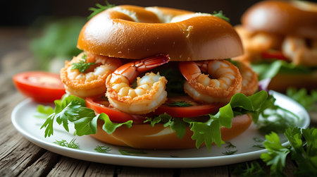Gourmet Shrimp Bagel Sandwich with Fresh Vegetables and Herbsの素材