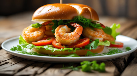 Gourmet Shrimp Bagel Sandwich with Fresh Vegetables and Herbsの素材