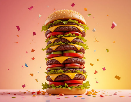 Gourmet Tower Burger with Melting Cheese and Fresh Ingredients â Delicious Fast Food Conceptの素材