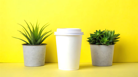 White paper coffee cup with succulent plant in concrete pots on yellow backgroundの素材