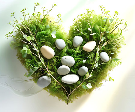 Heart made of green moss with stones and succulents on white backgroundの素材