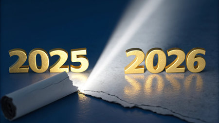 New Year concept: Golden text Happy New Year on blue background with torn paper, 3d renderの素材