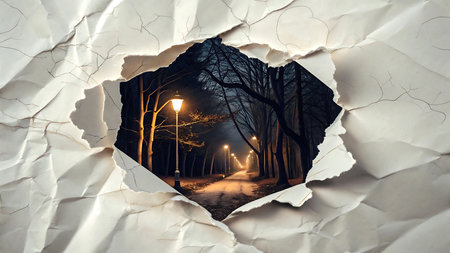 Hole in the paper as a symbol of the city at nightの素材