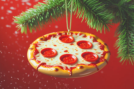 Pepperoni Pizza Christmas Ornament on Festive Red Background with Snowflakes and Pine Branchesの素材
