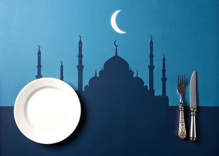 Ramadan Kareem Crescent Moon with Mosque Silhouette and Dining Set â Islamic Festive Conceptの素材