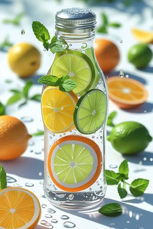 Refreshing Citrus Detox Water with Lemon, Lime, and Mint in Glass Bottleの素材